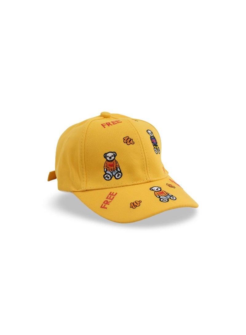 Fancy Unisex Cotton Cap – Yellow with Teddies Embroidery - Image 1