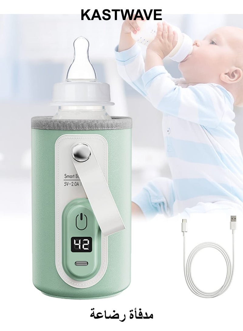 كاست ويف سخان زجاجات محمول مع شاشة LCD، سخان زجاجات مياه لاسلكي قابل لإعادة الشحن عبر USB لحليب الأطفال، تسخين سريع ودقيق لسخان زجاجات الأطفال للسيارة والسفر (أخضر) - Image 1