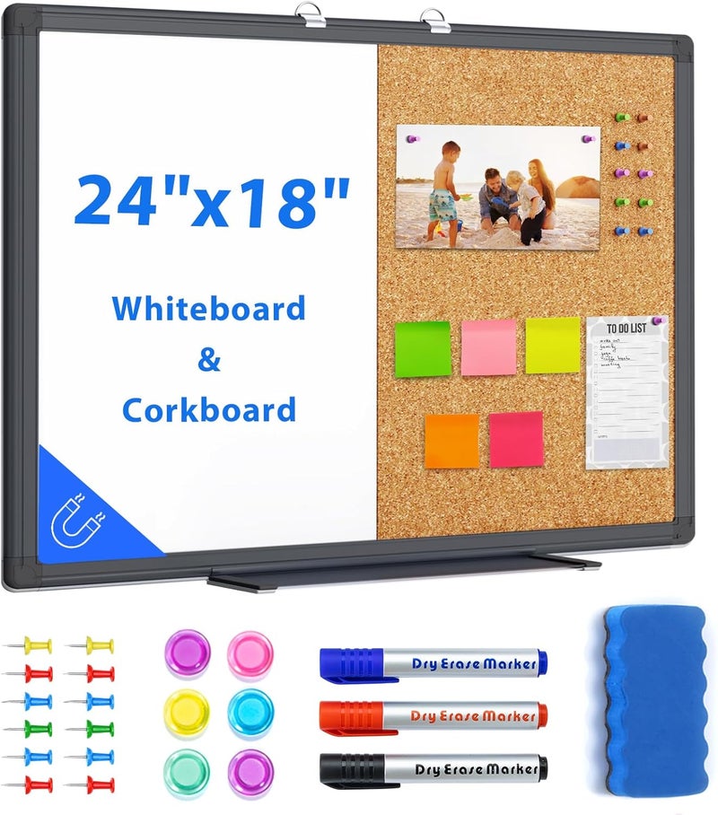 maxtek Combination White Board & Bulletin Cork Board 24 x 18 Whiteboard Magnetic, Combo Dry Erase Board with Black Aluminum Frame, 2' x 1.5' Hanging Message Board Wall Mounted for Homeschool Office - Image 1