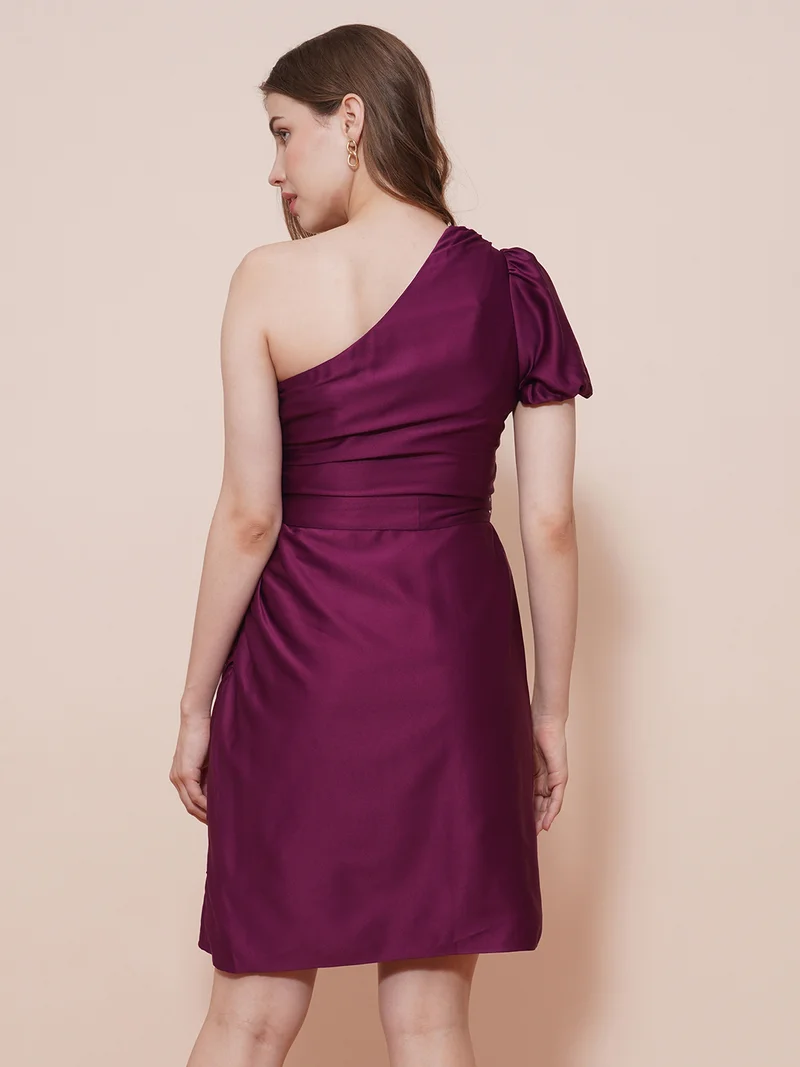 globus Women Purple One Shoulder Puff Sleeves Waist Tie-Up Side Ruched Sheath Party Dress