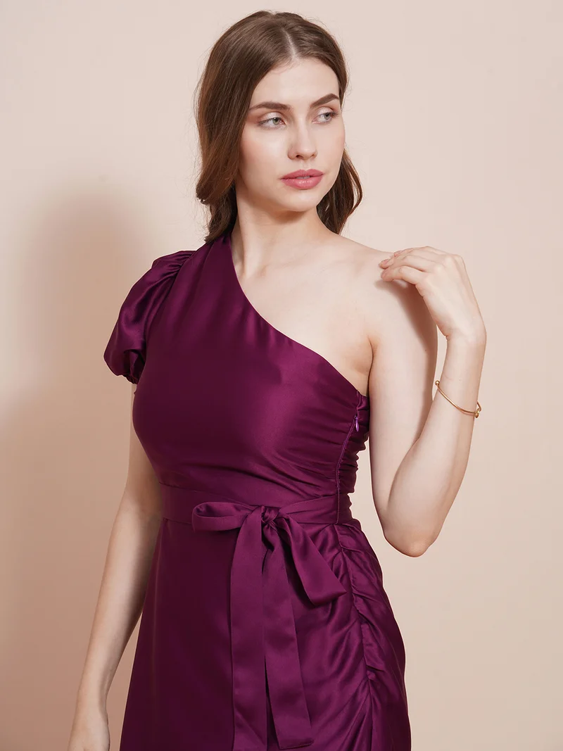globus Women Purple One Shoulder Puff Sleeves Waist Tie-Up Side Ruched Sheath Party Dress