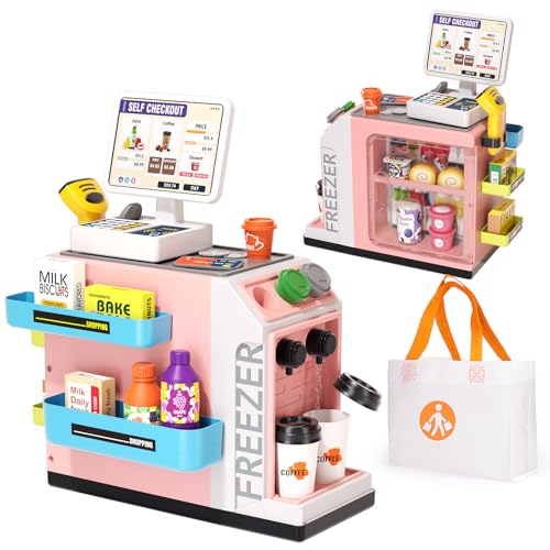 Jovow 48Piece Pretend Play Cash Register Toy Set for Kids with Water Outlet Function Calculator Shopping Bag Scanners Coffee Machine Play Food Gift for Boys and Girls Ages 3Pink - Image 1