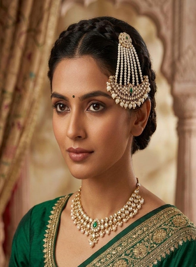 Siddhatva Gold-Plated Head Passa Jewelry For Women Kundan Pearl Studded & Beaded Passa/Matha Patti Jhoomar Jewellery for Women & Girls Birthday Gifts - Image 4