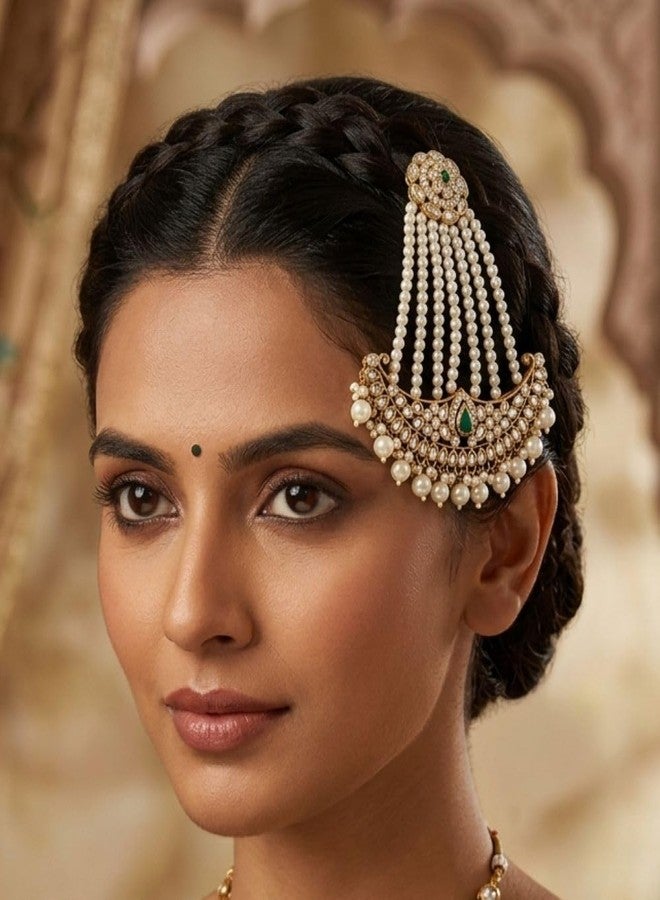 Siddhatva Gold-Plated Head Passa Jewelry For Women Kundan Pearl Studded & Beaded Passa/Matha Patti Jhoomar Jewellery for Women & Girls Birthday Gifts - Image 2