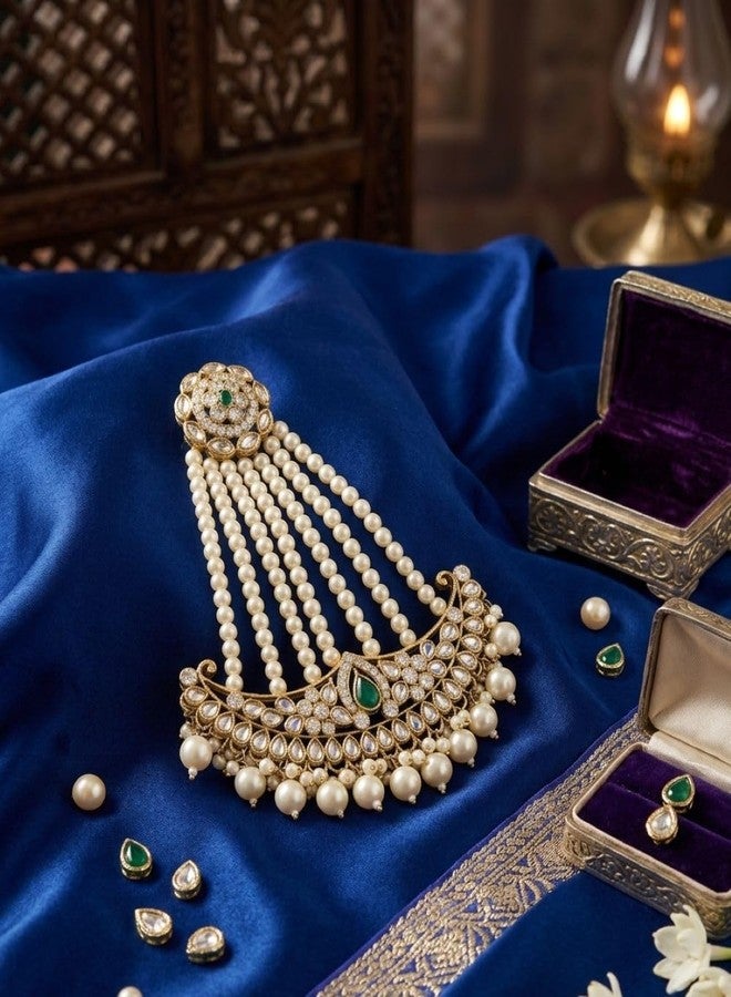 Siddhatva Gold-Plated Head Passa Jewelry For Women Kundan Pearl Studded & Beaded Passa/Matha Patti Jhoomar Jewellery for Women & Girls Birthday Gifts - Image 3