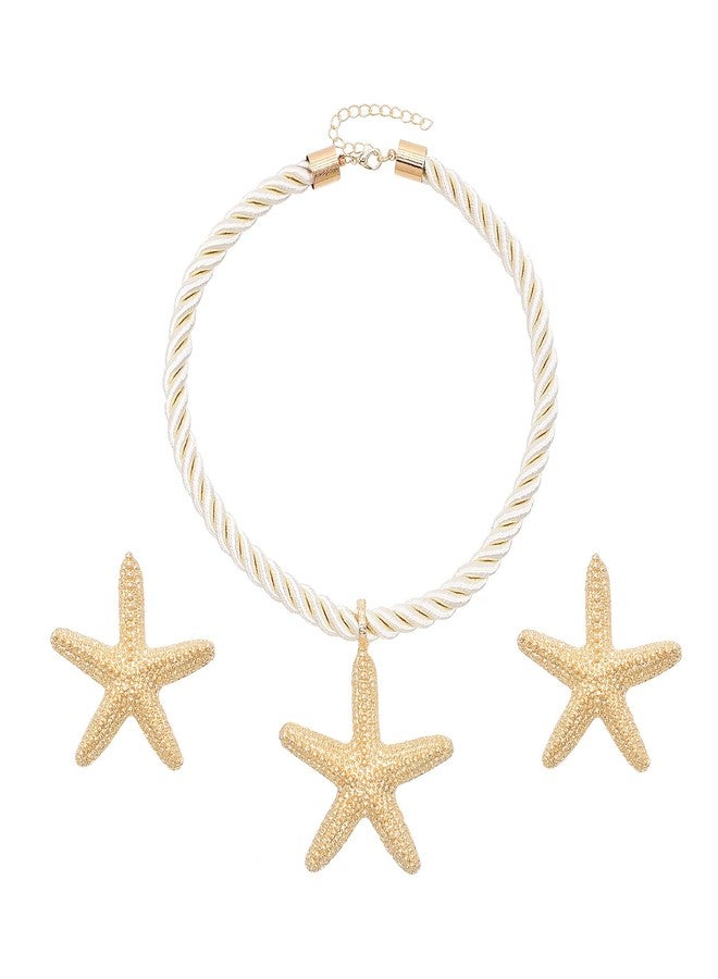 آيديال واي طقم مجوهرات من الذهب، قلادة وأقراط بتصميم نجمة البحر وزهرة الأقحوان، قلادة حبل الشاطئ، مجوهرات مستوحاة من المحيط للنساء (أبيض) - Image 1