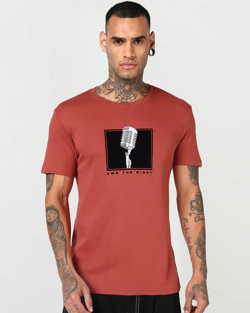 Men's Cinnabar Red Own The Night Graphic Printed T-shirt
