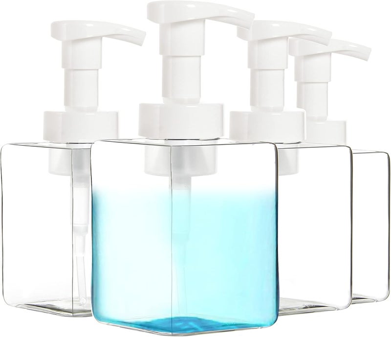 Youngever 4 Pack Clear Plastic Square Pump Bottles, Refillable Plastic Pump Bottles with Travel Lock (12 Ounce)