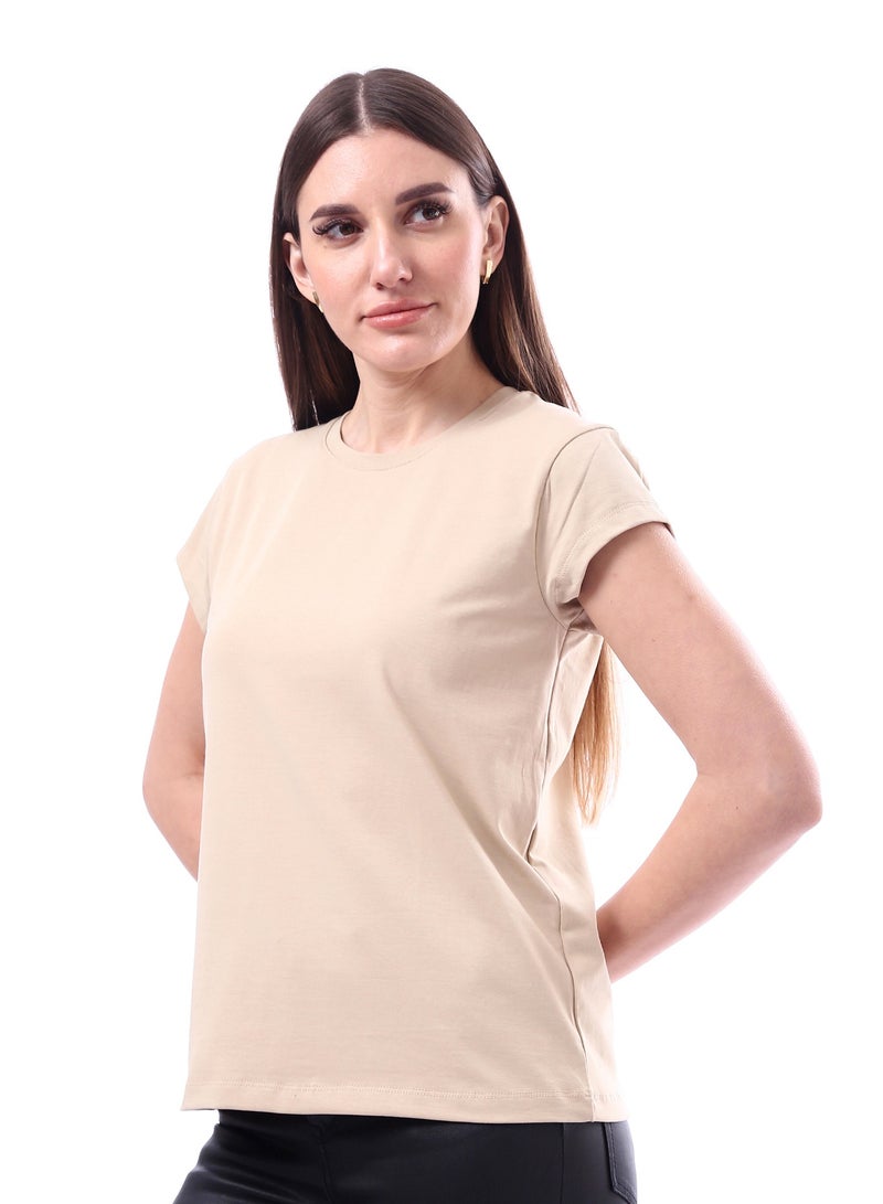 Andora Woman Solid Tee with Half Sleeves _ Beige - Image 2