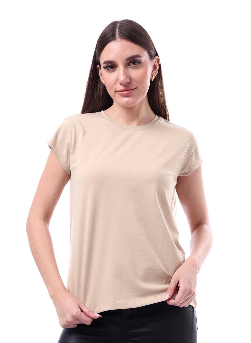 Andora Woman Solid Tee with Half Sleeves _ Beige - Image 1
