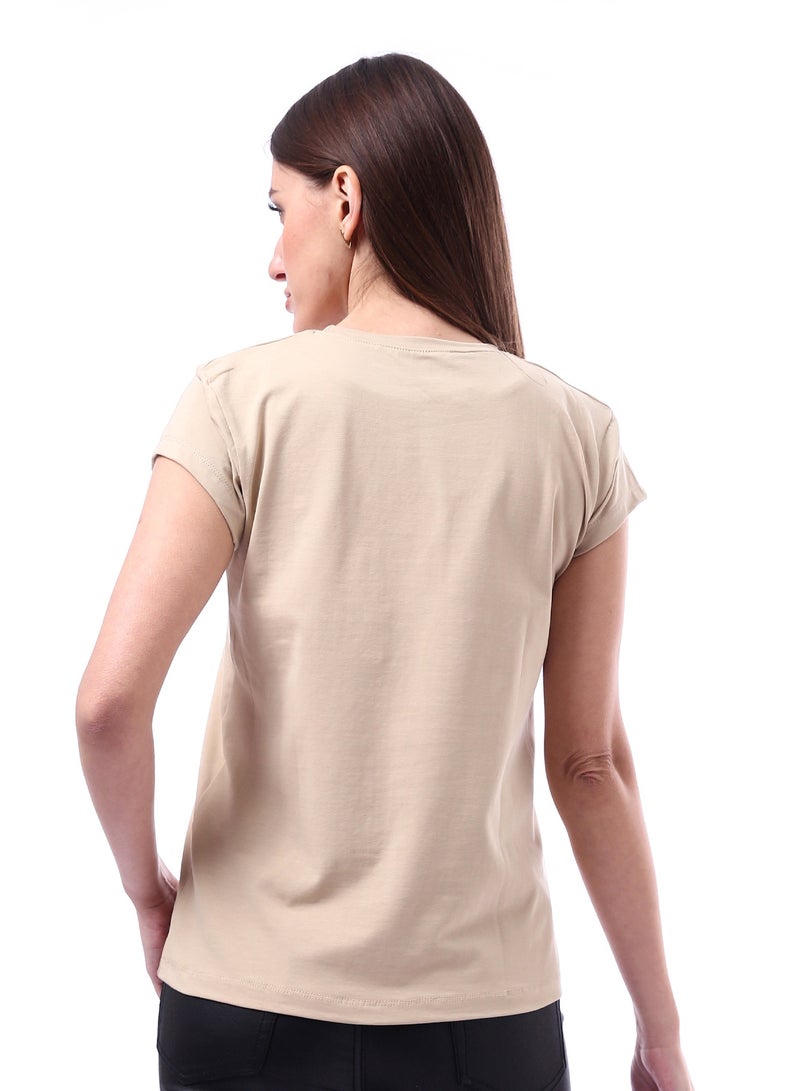 Andora Woman Solid Tee with Half Sleeves _ Beige - Image 3