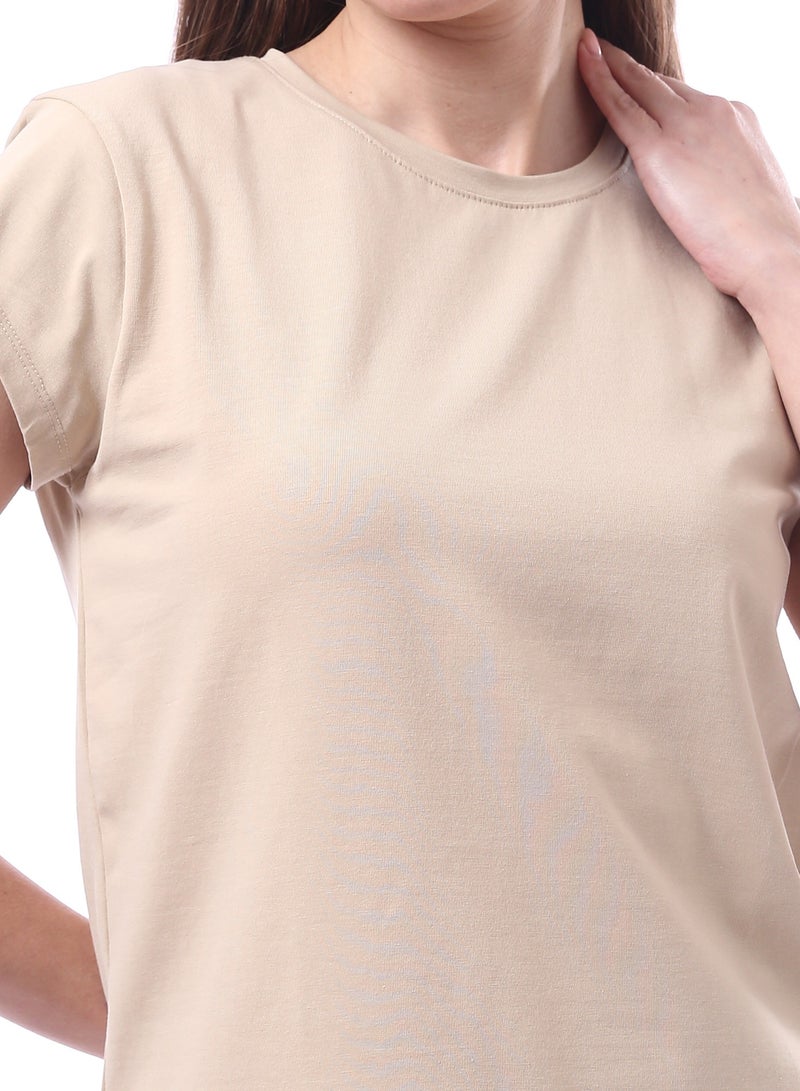 Andora Woman Solid Tee with Half Sleeves _ Beige - Image 4