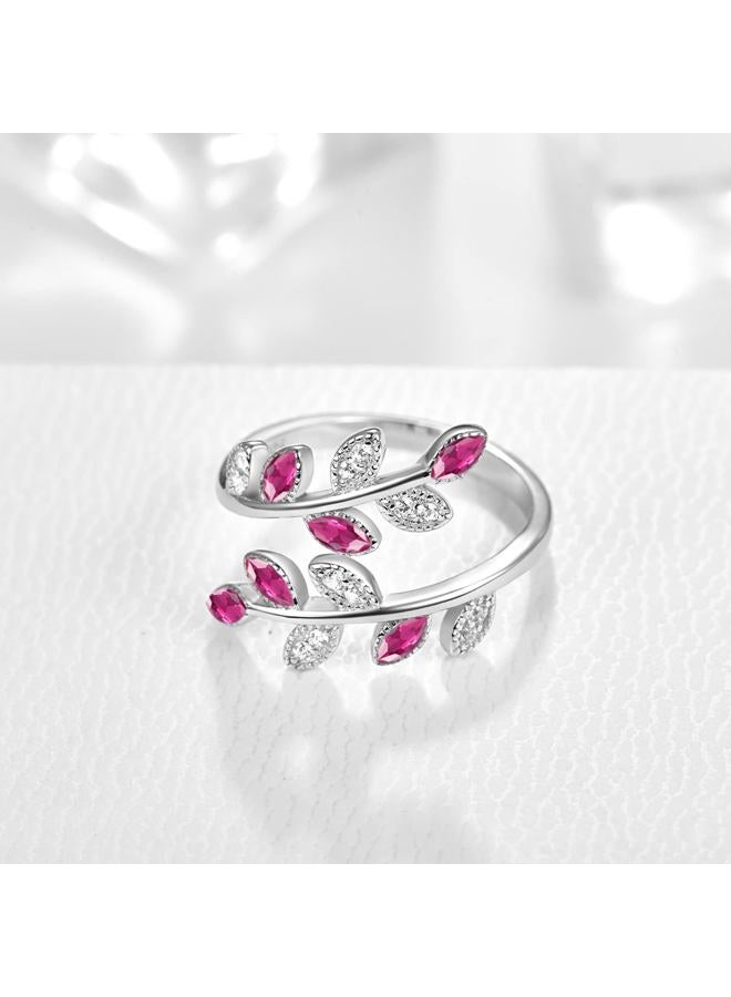 PRAYMOS 925 Sterling Silver Dainty Leaf Rings Rainbow Adjustable Open Ring for Women Cubic Zirconia Tree Jewelry Gifts for Women (A05-ruby cubic zirconia ring) - Image 4