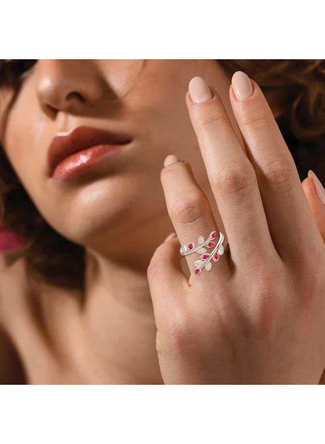 PRAYMOS 925 Sterling Silver Dainty Leaf Rings Rainbow Adjustable Open Ring for Women Cubic Zirconia Tree Jewelry Gifts for Women (A05-ruby cubic zirconia ring) - Image 3