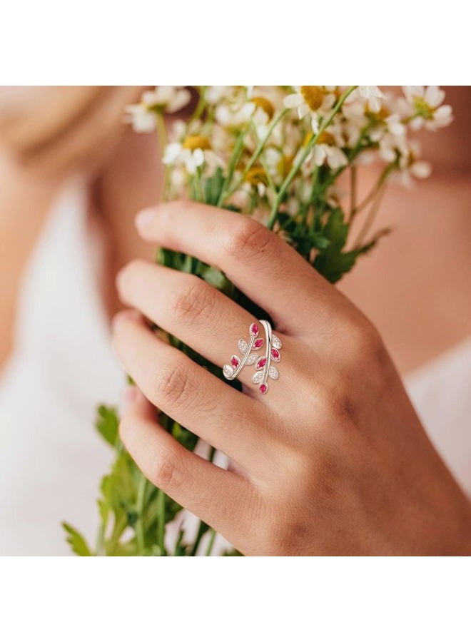 PRAYMOS 925 Sterling Silver Dainty Leaf Rings Rainbow Adjustable Open Ring for Women Cubic Zirconia Tree Jewelry Gifts for Women (A05-ruby cubic zirconia ring) - Image 1