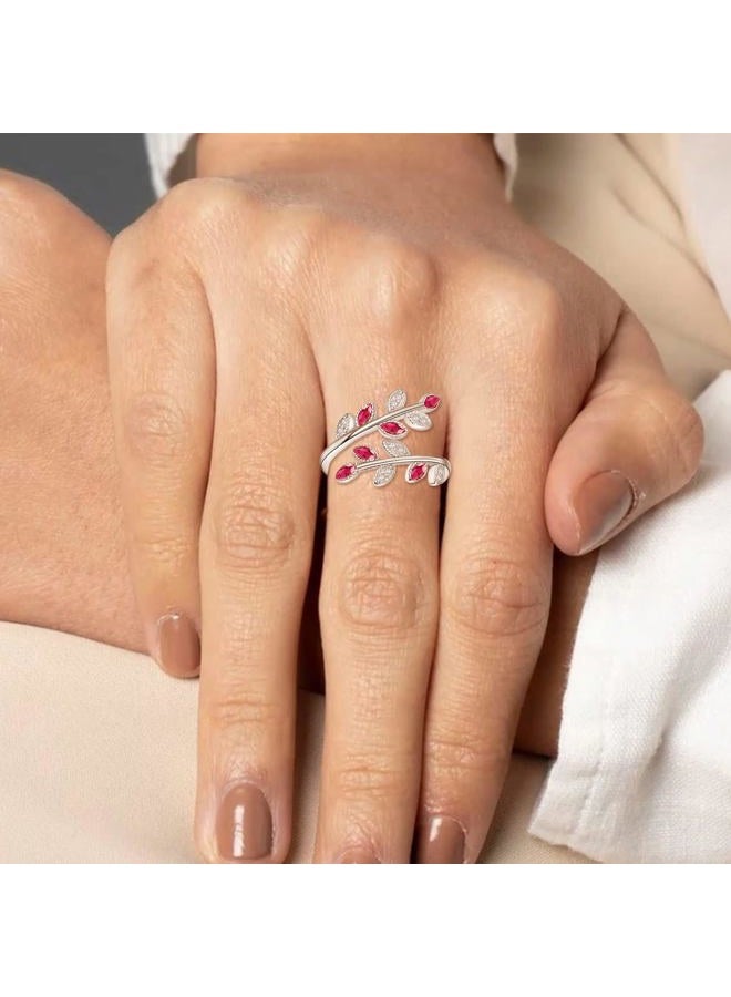 PRAYMOS 925 Sterling Silver Dainty Leaf Rings Rainbow Adjustable Open Ring for Women Cubic Zirconia Tree Jewelry Gifts for Women (A05-ruby cubic zirconia ring) - Image 2