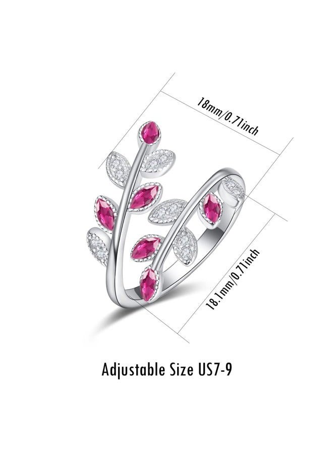 PRAYMOS 925 Sterling Silver Dainty Leaf Rings Rainbow Adjustable Open Ring for Women Cubic Zirconia Tree Jewelry Gifts for Women (A05-ruby cubic zirconia ring) - Image 5