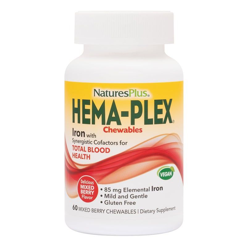 Natures Plus HemaPlex Iron 60 Mixed Berry Chewables 85 mg Elemental Iron Total Blood Health with Vitamin C Bioflavonoids Vegan Gluten Free 20 Servings