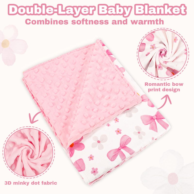 Hooyax Baby Blanket for Girls, 30x40 Inch Double-Sided Soft Blanket with Bow & Flower Print, Soft Plush & Dotted Backing, Swaddling Receiving Blanket for Travel, Stroller & Nursery, Baby Gift - Image 2