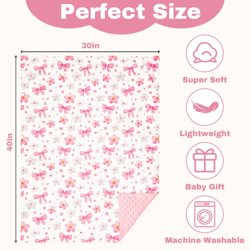 Hooyax Baby Blanket for Girls, 30x40 Inch Double-Sided Soft Blanket with Bow & Flower Print, Soft Plush & Dotted Backing, Swaddling Receiving Blanket for Travel, Stroller & Nursery, Baby Gift - Image 3