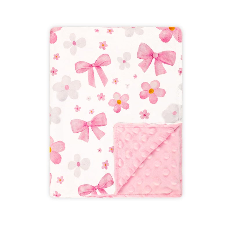 Hooyax Baby Blanket for Girls, 30x40 Inch Double-Sided Soft Blanket with Bow & Flower Print, Soft Plush & Dotted Backing, Swaddling Receiving Blanket for Travel, Stroller & Nursery, Baby Gift - Image 1