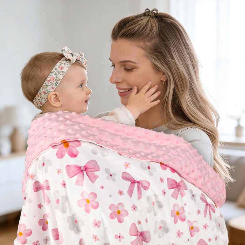 Hooyax Baby Blanket for Girls, 30x40 Inch Double-Sided Soft Blanket with Bow & Flower Print, Soft Plush & Dotted Backing, Swaddling Receiving Blanket for Travel, Stroller & Nursery, Baby Gift - Image 4