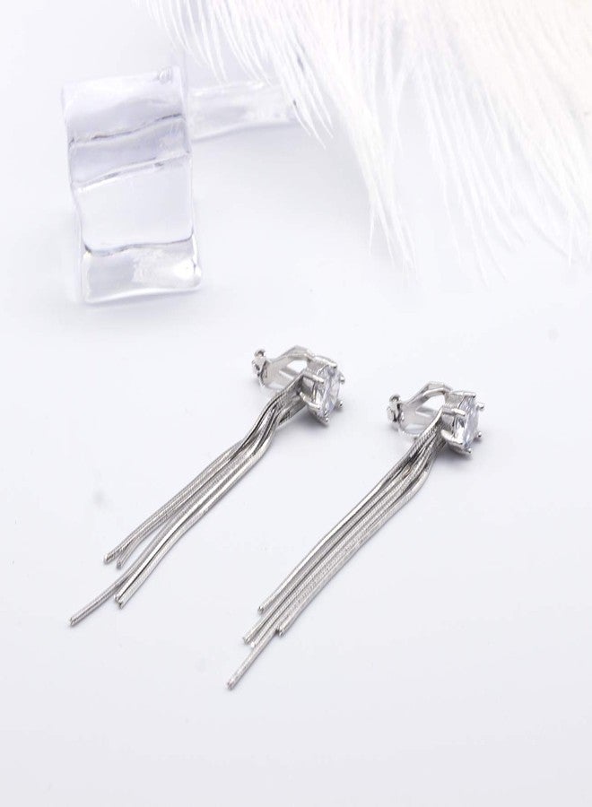 يوكول أقراط زفاف طويلة متدلية من YOQUCOL، مرصعة بكريستال الزركونيا المكعب اللامع 7 مم، بدون ثقب، للنساء - Image 3