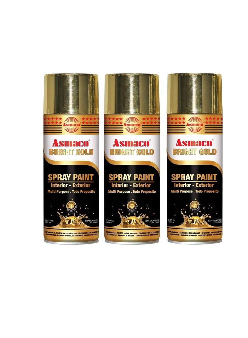 Asmaco Spry Paint Bright Gold 400 ml Eco Fill, Pack of Three, Multi Purpose Interior Exterior Quick Drying Acrylic Paint - Image 1
