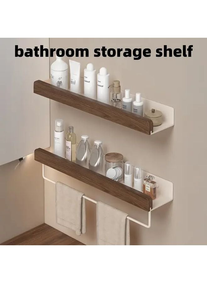 Morotel No Drilling Bathroom Shelf With Rod 40cm Walnut Wood Space Aluminum Storage - Image 2