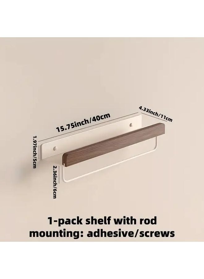 Morotel No Drilling Bathroom Shelf With Rod 40cm Walnut Wood Space Aluminum Storage - Image 1