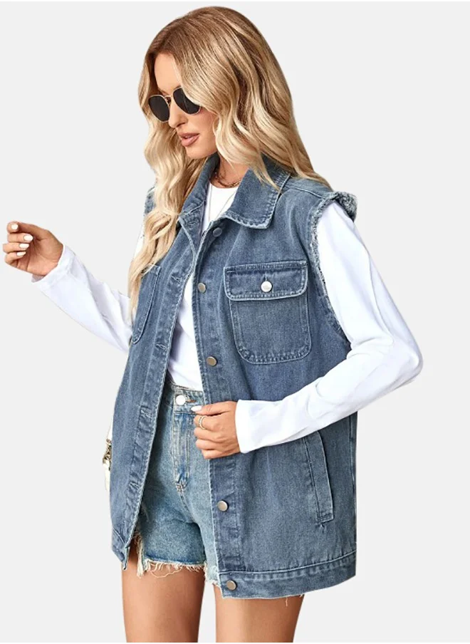 يونيكي Blue Collared Sleeveless Denim Jacket