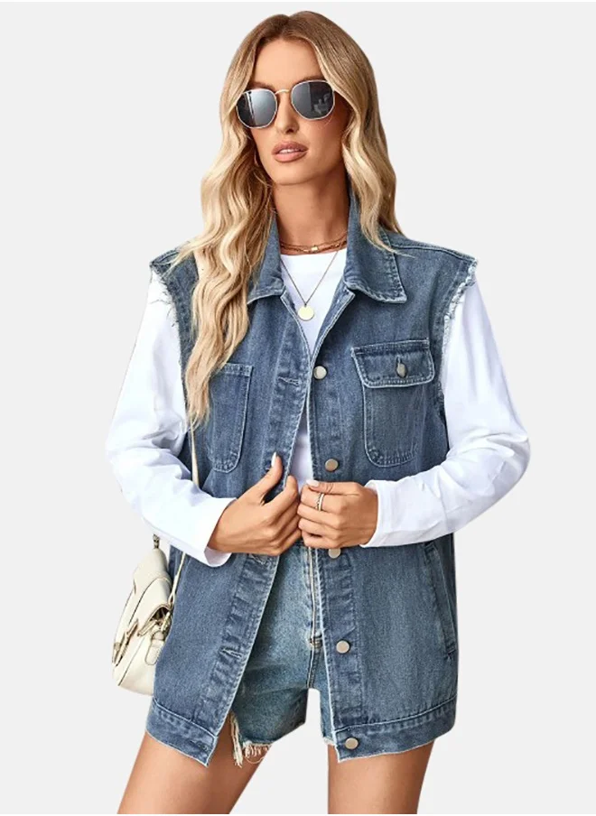 يونيكي Blue Collared Sleeveless Denim Jacket