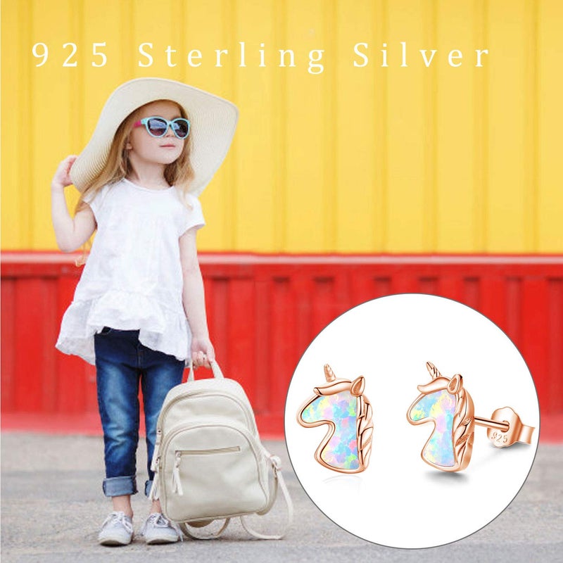 JUSTKIDSTOY Unicorn Stud Earrings for Girls S925 Sterling Silver Hypoallergenic Created Opal Earrings Cute Birthday Gift for Women Daughter - Image 3