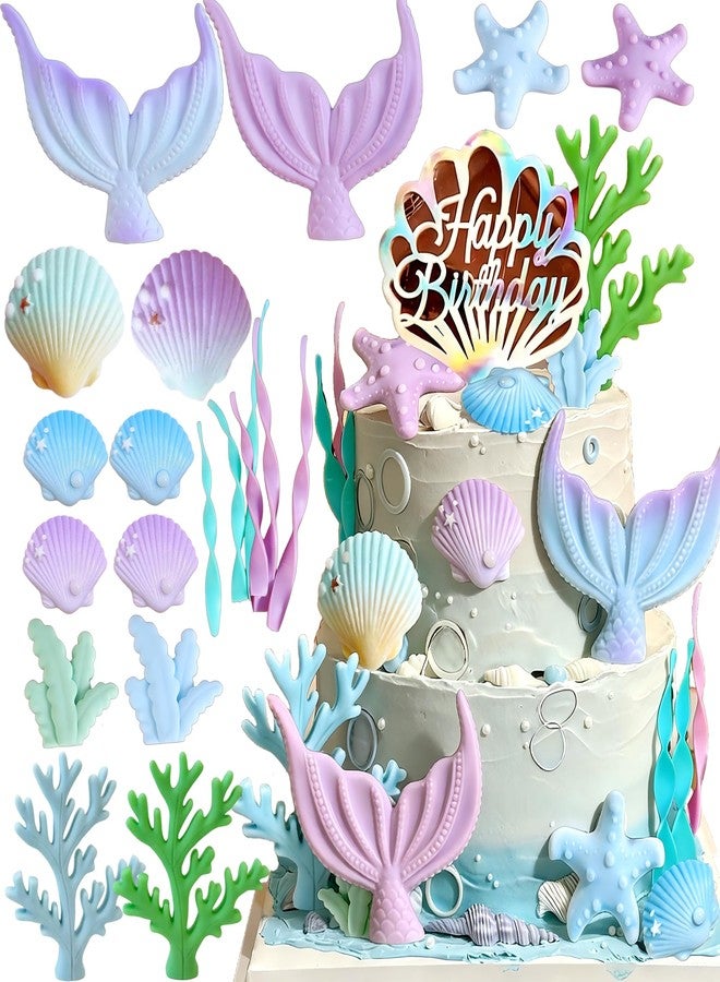 Tyotrbs Mermaid Cake Decorations Mermaid Cake Toppers Under the Sea Party Decor Seashell Fish Cake Accessories for Summer and Ocean Birthday Party Decorations (Purple-Blue) - Image 1