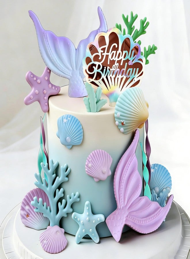 Tyotrbs Mermaid Cake Decorations Mermaid Cake Toppers Under the Sea Party Decor Seashell Fish Cake Accessories for Summer and Ocean Birthday Party Decorations (Purple-Blue) - Image 2