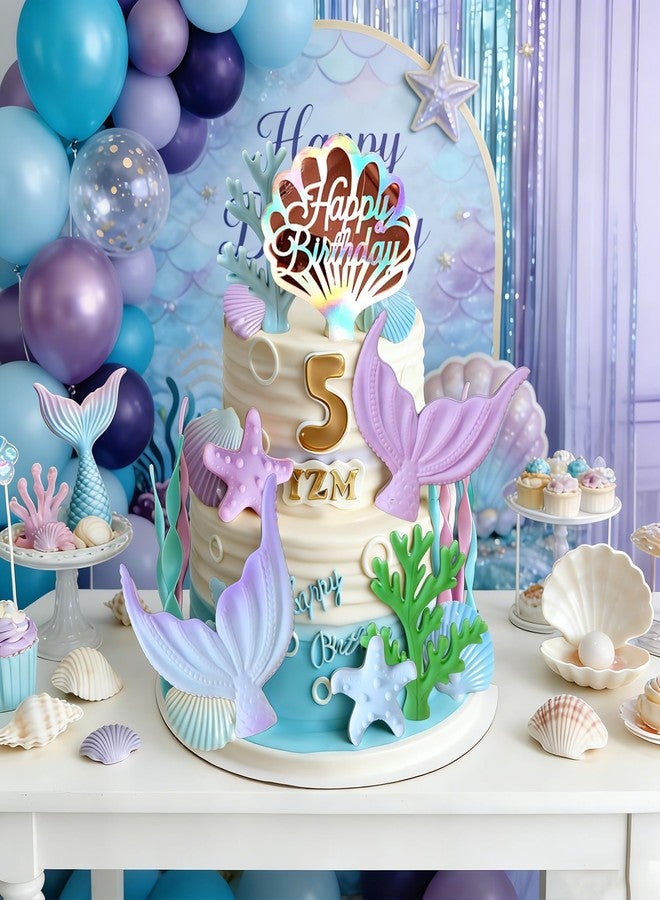 Tyotrbs Mermaid Cake Decorations Mermaid Cake Toppers Under the Sea Party Decor Seashell Fish Cake Accessories for Summer and Ocean Birthday Party Decorations (Purple-Blue) - Image 5