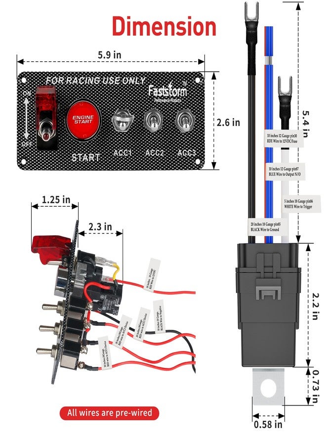 FASTSTORM Ignition Rocker Switch Panel 12V 5 in 1 with Engine Push Button Pre-Wired Toggle Switches with Relay Wiring Harness LED for RV Truck Racing Car Boat Marine Trailer - Image 5