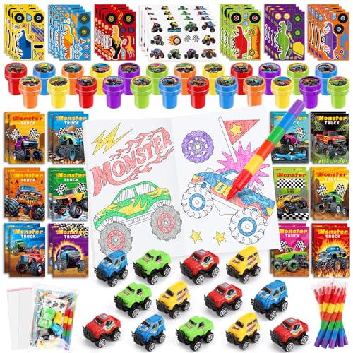 BenLouis 84Pcs Monster Truck Party Favors Truck Car Theme Coloring Books Crayons Sticker Set Bulk for Kids Racing Wheels Birthday Decor Goodie Bag Stuffer Classroom Rewards Craft Pinata Supplies - Image 1