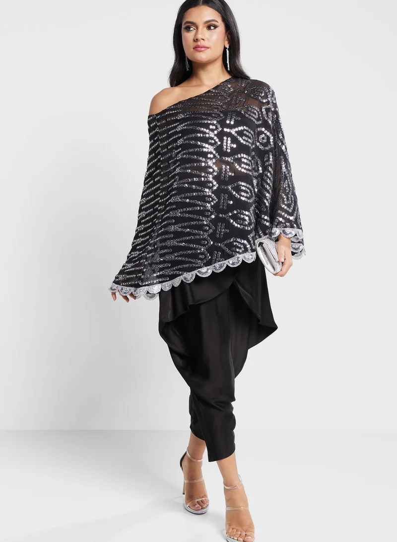 The Arab Crab One Shoulder Lace Trim Kurti & Dhoti Pants Set
