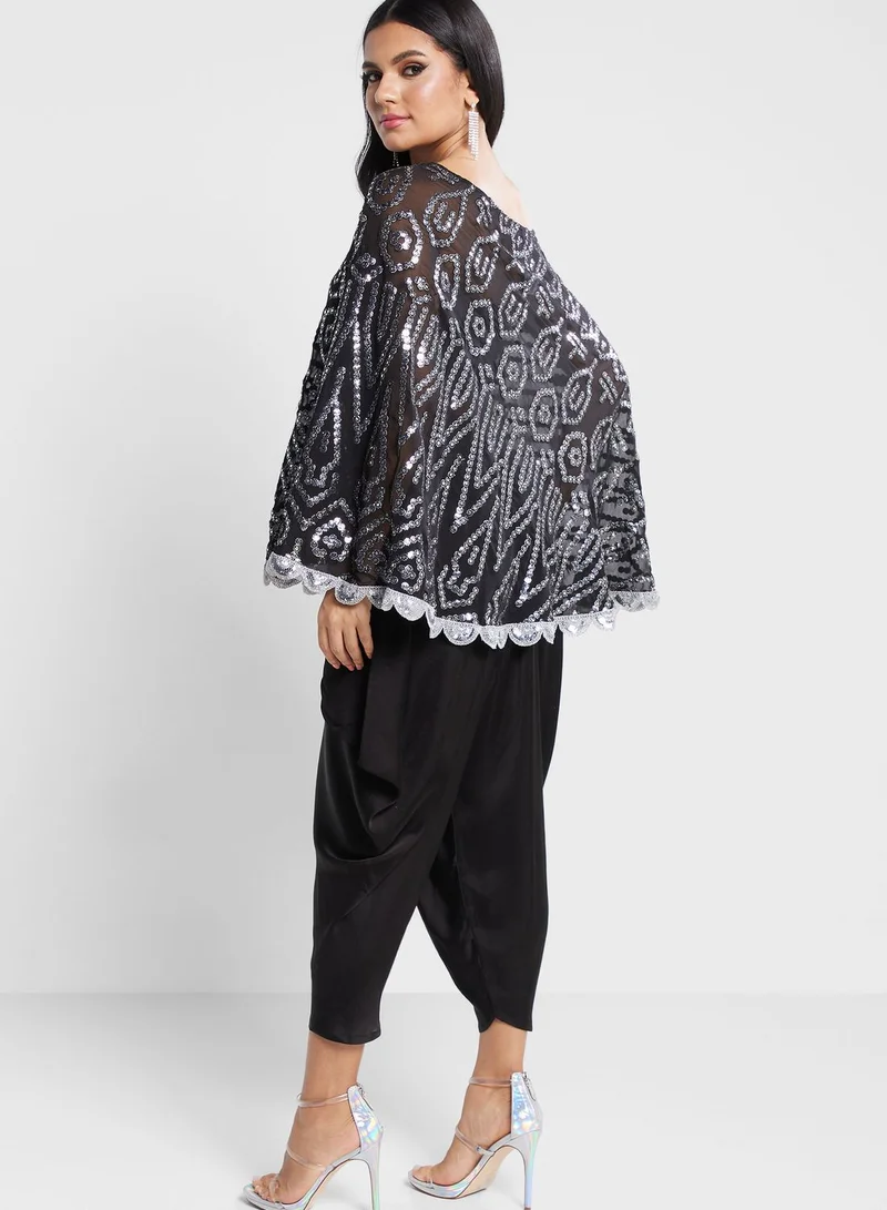 The Arab Crab One Shoulder Lace Trim Kurti & Dhoti Pants Set