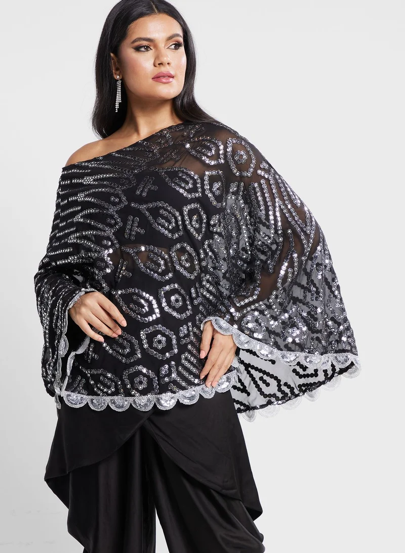 The Arab Crab One Shoulder Lace Trim Kurti & Dhoti Pants Set