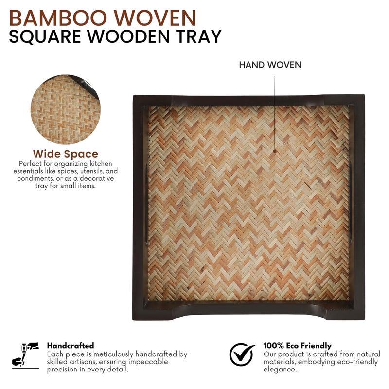 VarEesha 'Bambusa' Hand Crafted Acacia Wood Bamboo Base Square Tray|Decorative Wooden Tray for Serving |Serving Tray Set for Serving Tea Trays for Serving Square - Image 5