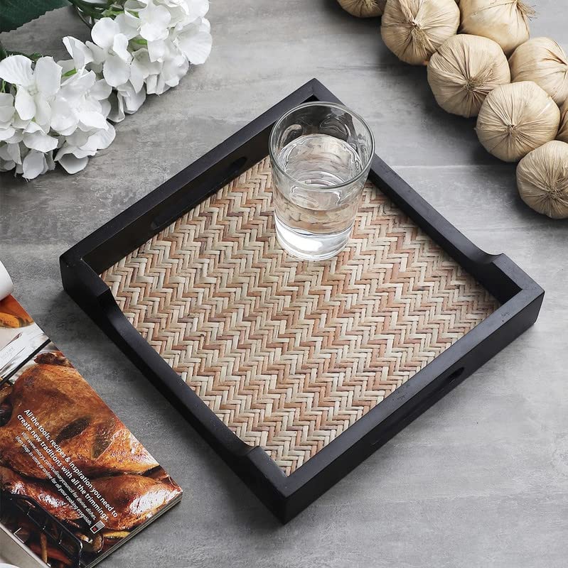 VarEesha 'Bambusa' Hand Crafted Acacia Wood Bamboo Base Square Tray|Decorative Wooden Tray for Serving |Serving Tray Set for Serving Tea Trays for Serving Square - Image 1