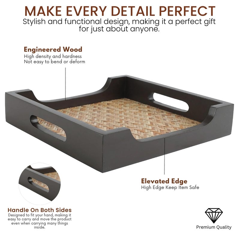 VarEesha 'Bambusa' Hand Crafted Acacia Wood Bamboo Base Square Tray|Decorative Wooden Tray for Serving |Serving Tray Set for Serving Tea Trays for Serving Square - Image 3