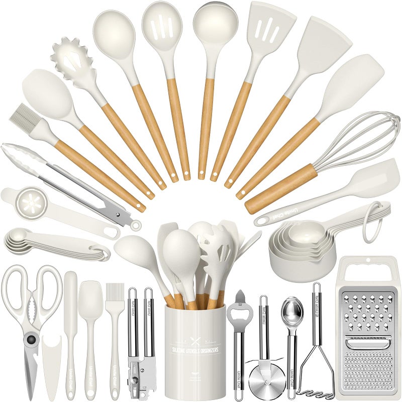 Umite Chef Silicone Kitchen Utensil Set 34PCS Heat Resistant Kitchen Gadgets and Tools With Grater Cream White Wood Handles for Nonstick Cookware