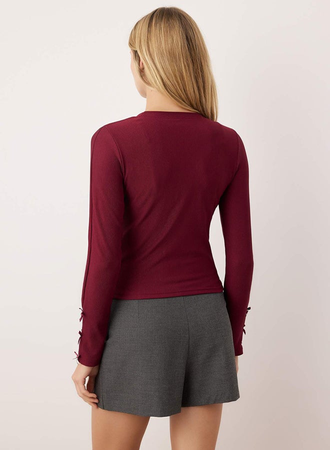 trendyol Burgundy Stretchy Bodycon Sleeves Bow Detail Stretchy Knitted Blouse - Image 4