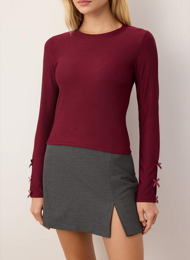 trendyol Burgundy Stretchy Bodycon Sleeves Bow Detail Stretchy Knitted Blouse - Image 3