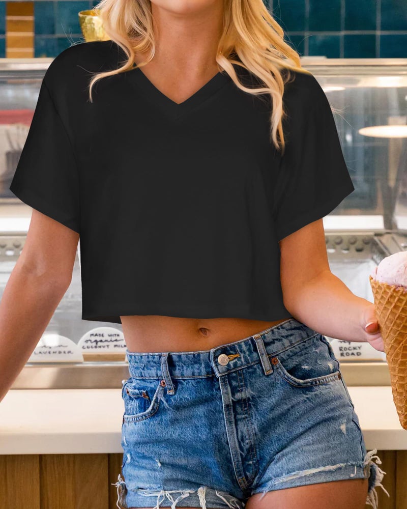 CHICGAL V Neck Crop Top for Women Summer Cropped T Shirts Oversized Tees Casual Short Sleeve Top(Black,S) - Image 2