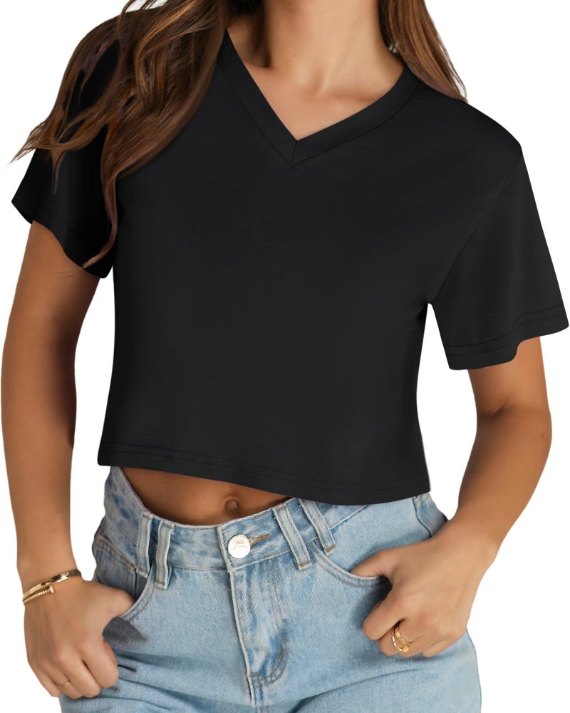 CHICGAL V Neck Crop Top for Women Summer Cropped T Shirts Oversized Tees Casual Short Sleeve Top(Black,S) - Image 4
