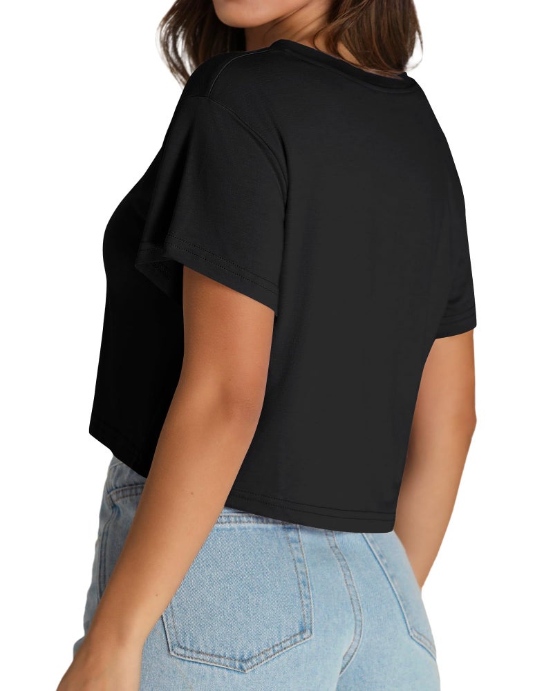 CHICGAL V Neck Crop Top for Women Summer Cropped T Shirts Oversized Tees Casual Short Sleeve Top(Black,S) - Image 3